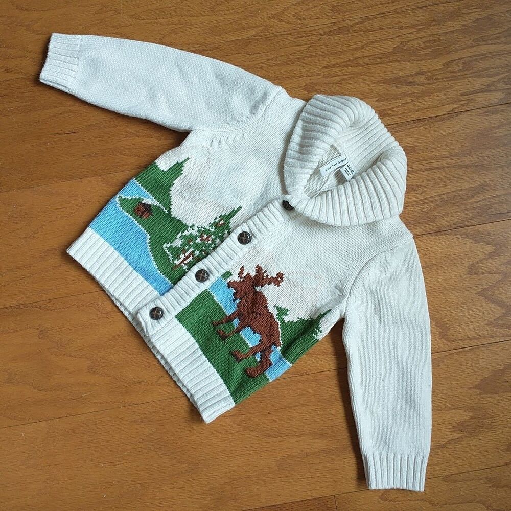 New JANIE AND JACK Cardigan Sweater Baby Boy 6-12M Shawl Collar Moose Nature